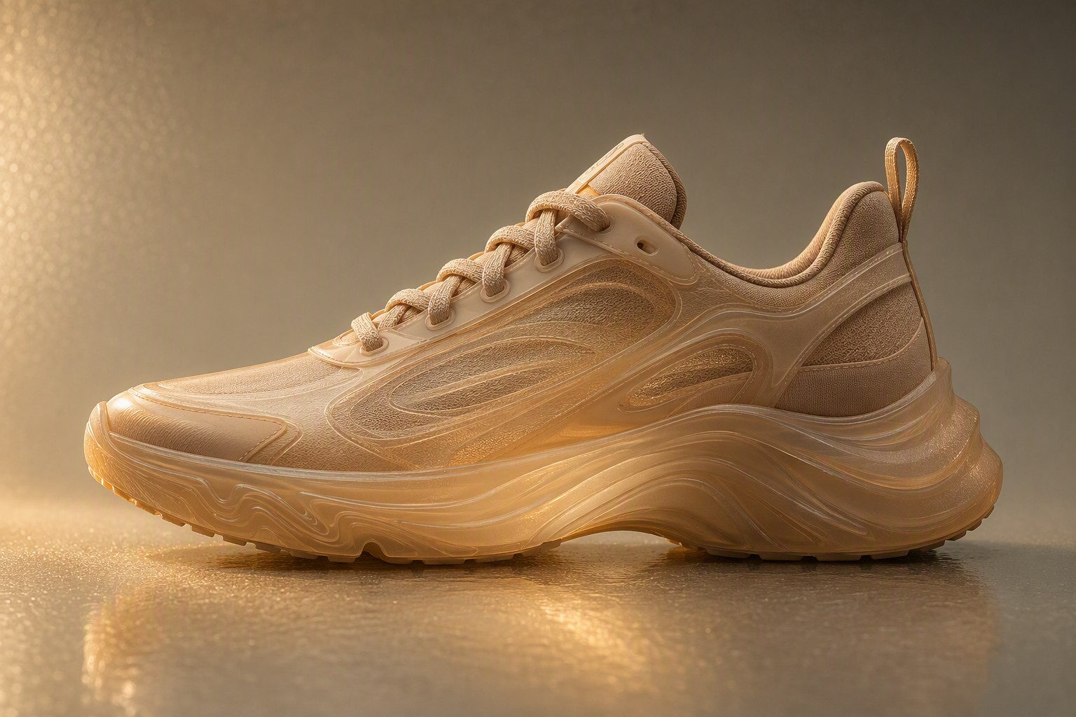 Close view of a caramel translucent chunky sneaker