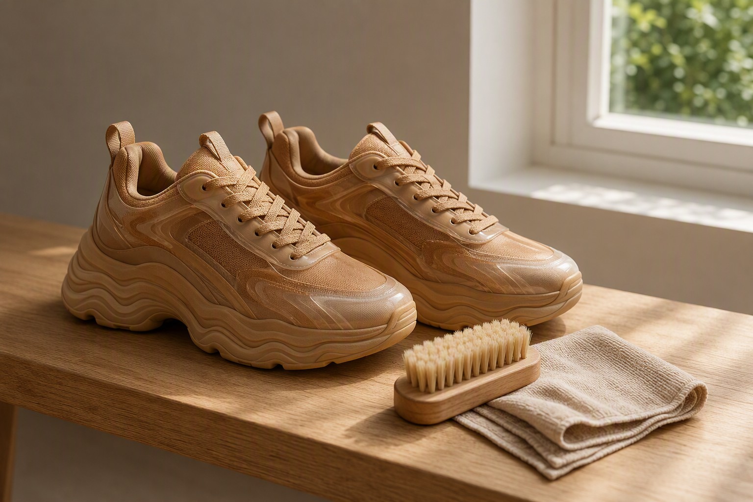 Caramel chunky sneakers with a soft brush and cloth