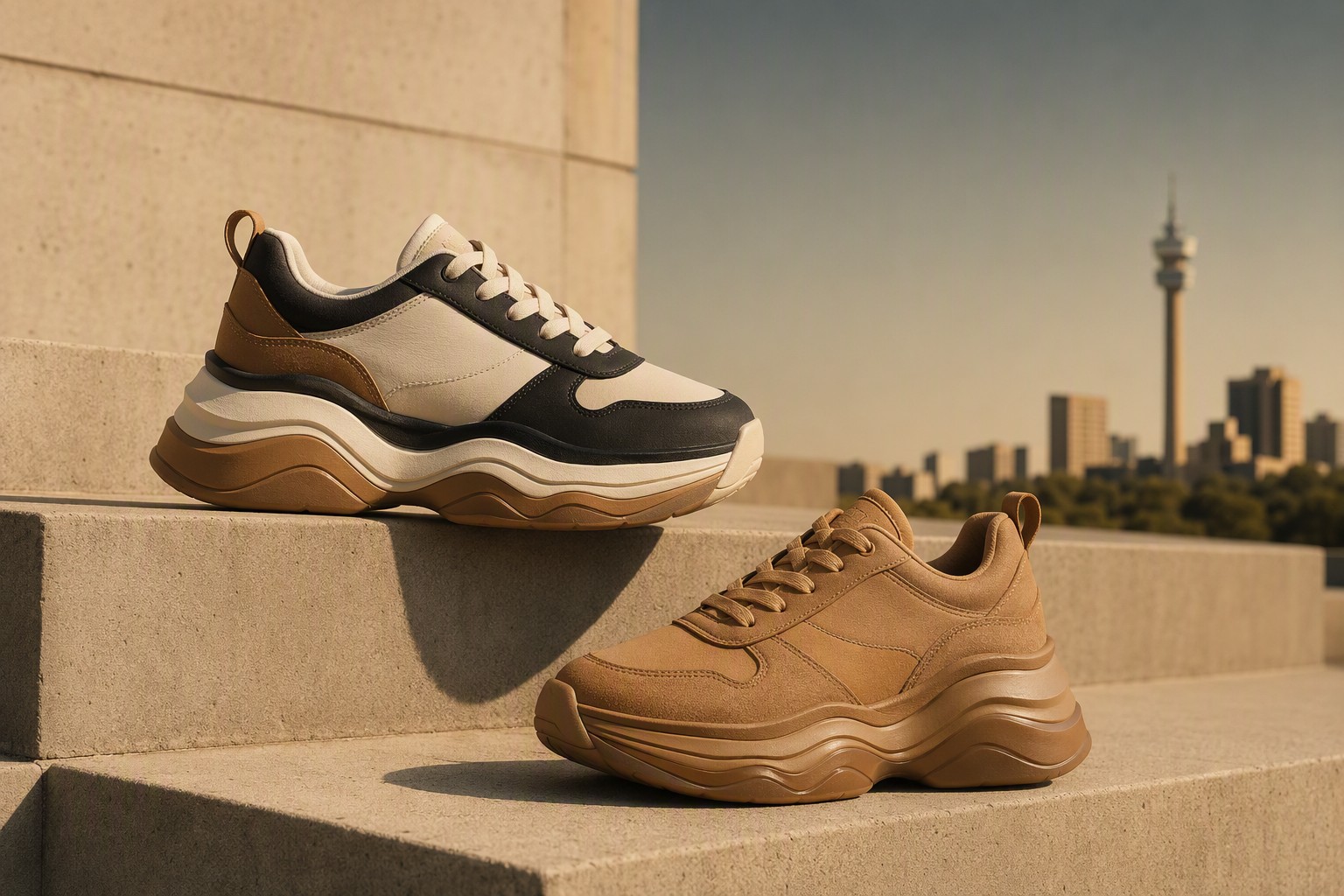 Black tan and caramel chunky sneakers on urban steps