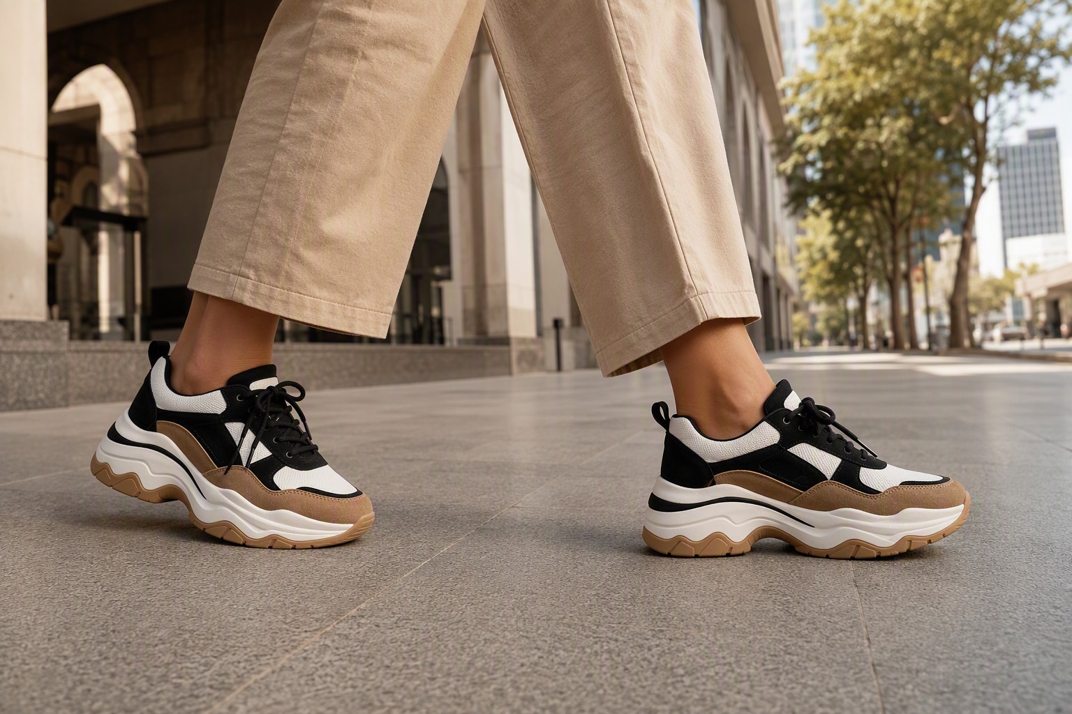 Woman wearing black white and tan chunky sneakers in the city